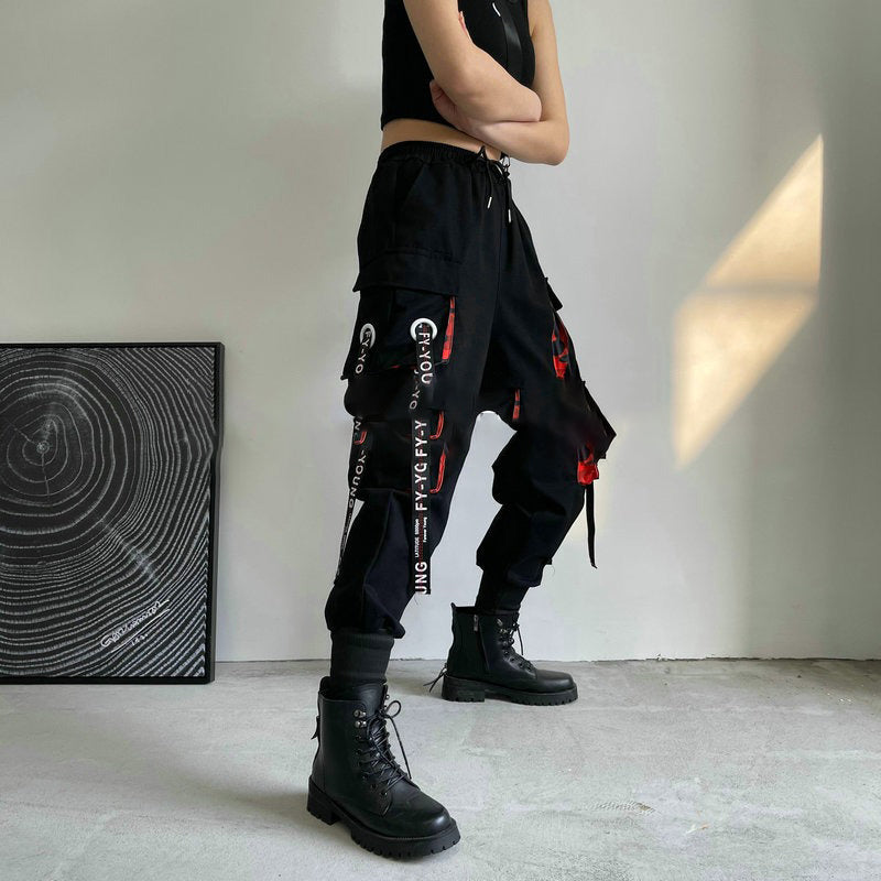 Women Cargo Pants Ribbon Pocket Jogger Elastic Waist Females Trousers-Pants-Arimonz-Arimonz