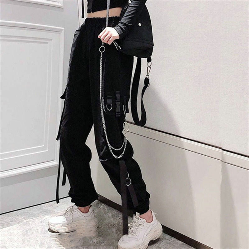 Women Cargo Pants Ribbon Pocket Jogger Elastic Waist Females Trousers-Pants-Arimonz-Black Chain-XS-Arimonz