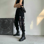 Women Cargo Pants Ribbon Pocket Jogger Elastic Waist Females Trousers-Pants-Arimonz-Black Red-XS-Arimonz