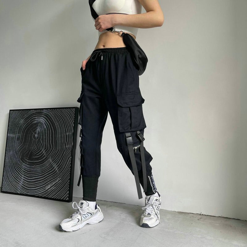 Women Cargo Pants Ribbon Pocket Jogger Elastic Waist Females Trousers-Pants-Arimonz-Black-XS-Arimonz