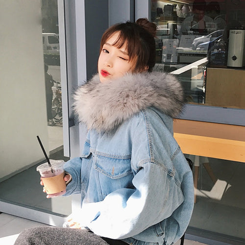 Women Denim Fur Hooded Coat Casual Jackets Single Breasted Outwear-Fuzzy Jackets-Arimonz-Arimonz