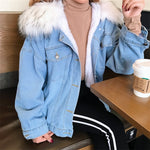 Women Denim Fur Hooded Coat Casual Jackets Single Breasted Outwear-Fuzzy Jackets-Arimonz-Arimonz