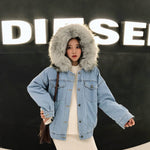 Women Denim Fur Hooded Coat Casual Jackets Single Breasted Outwear-Fuzzy Jackets-Arimonz-Arimonz