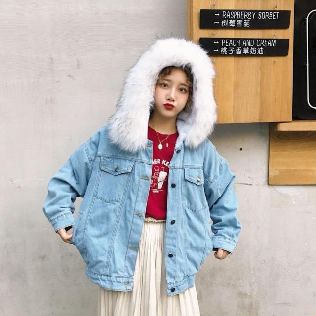 Women Denim Fur Hooded Coat Casual Jackets Single Breasted Outwear-Fuzzy Jackets-Arimonz-White-S-Arimonz