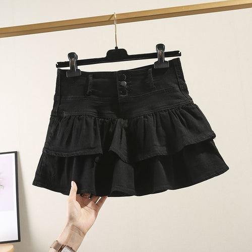 Women Denim Mini Skirt Jeans High Waist Ruffles Pleated Short Skirt-Denim Skirts-Arimonz-Arimonz