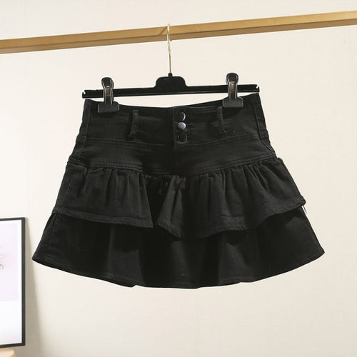 Women Denim Mini Skirt Jeans High Waist Ruffles Pleated Short Skirt-Denim Skirts-Arimonz-S-Arimonz