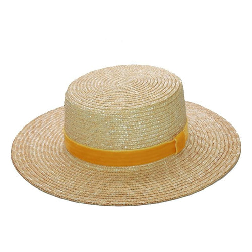 Women Fashionable Velvet Ribbon Straw Hat Flat Top Summer Sun Hats-Summer Hats-Arimonz-Arimonz
