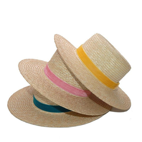 Women Fashionable Velvet Ribbon Straw Hat Flat Top Summer Sun Hats-Summer Hats-Arimonz-Arimonz