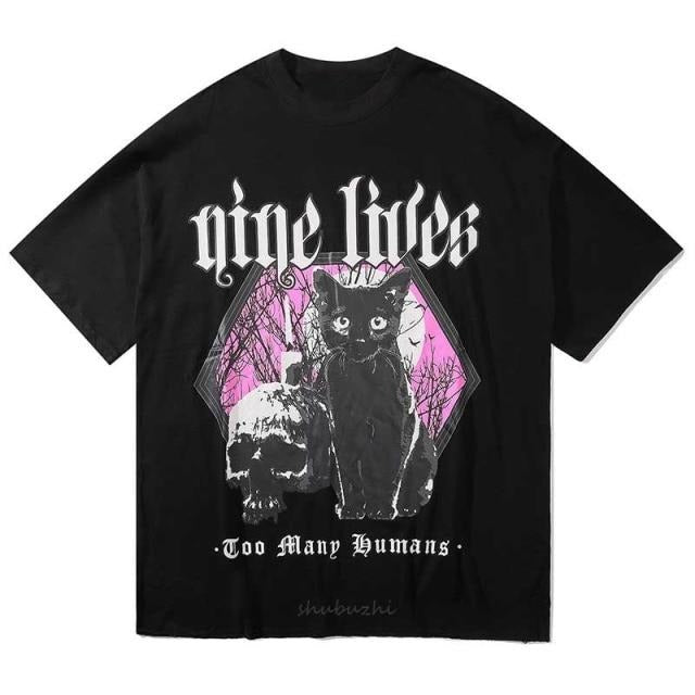 Women Gothic Funny Print Cat T-shirt Streetwear Short Sleeve Tee Top-Tee-Arimonz-black-XS-Arimonz