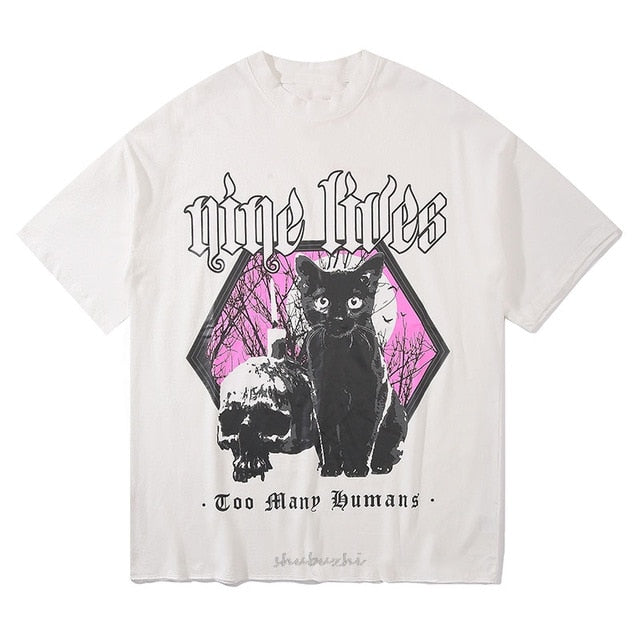 Women Gothic Funny Print Cat T-shirt Streetwear Short Sleeve Tee Top-Tee-Arimonz-white-XS-Arimonz