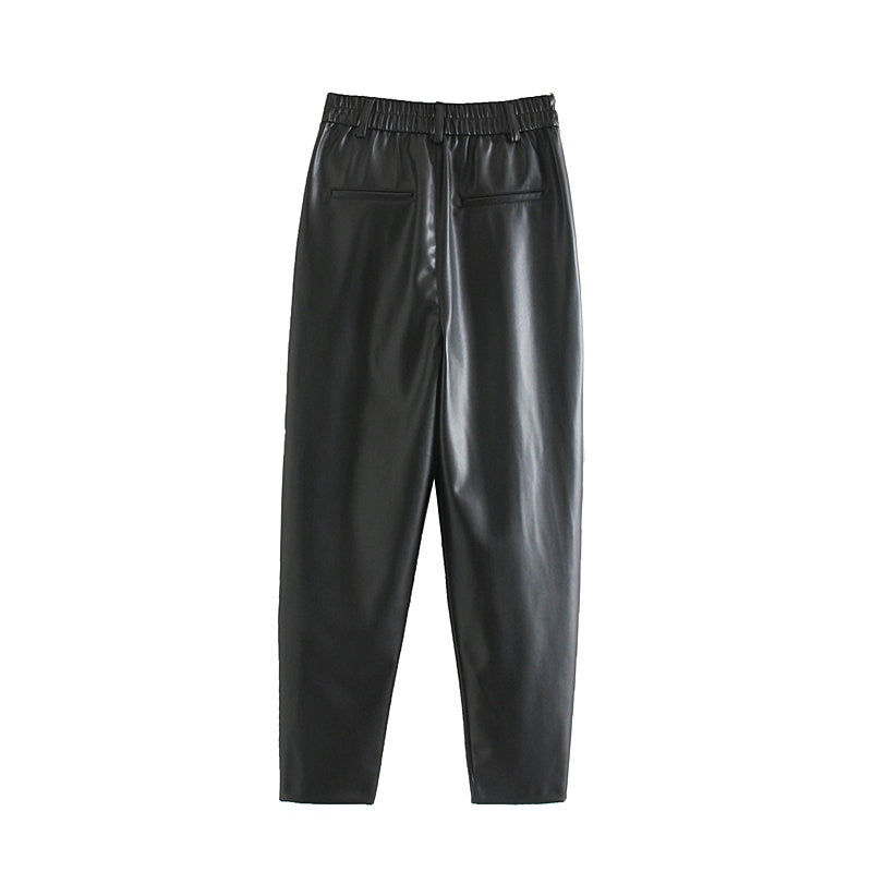 Women High Waist Black Faux Leather Pants Loose Pencil Elegant Trouser-Pants-Arimonz-Arimonz