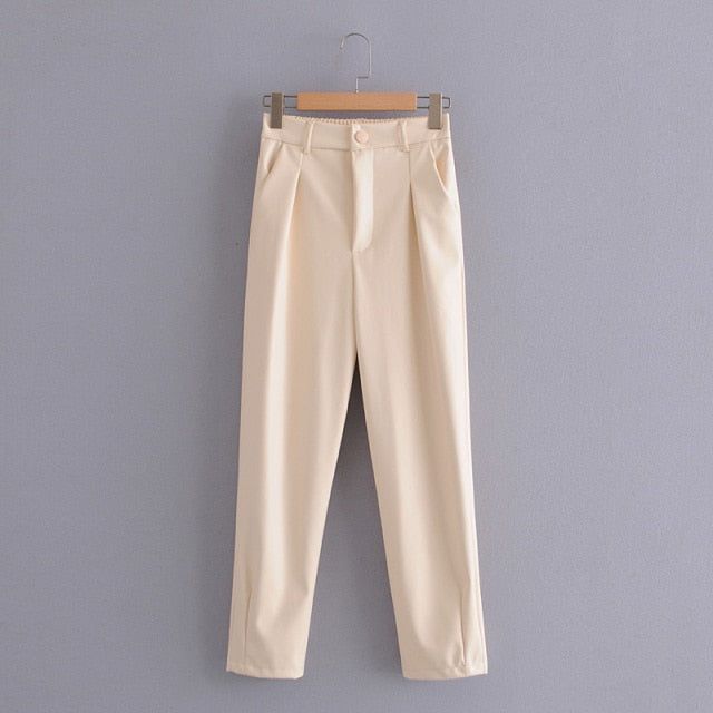 Women High Waist Black Faux Leather Pants Loose Pencil Elegant Trouser-Pants-Arimonz-Beige-S-Arimonz