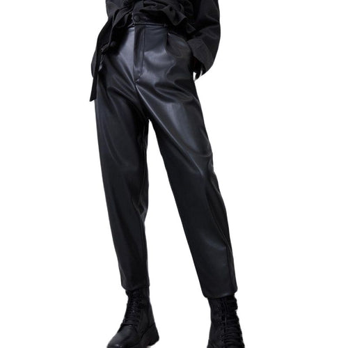 Women High Waist Black Faux Leather Pants Loose Pencil Elegant Trouser-Pants-Arimonz-Arimonz