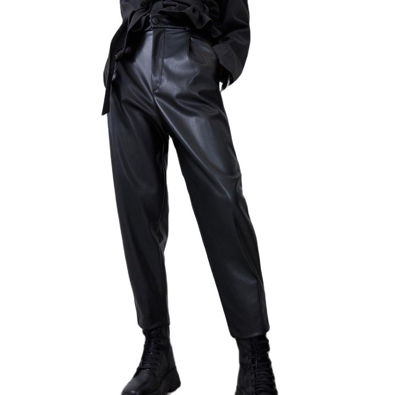 Women High Waist Black Faux Leather Pants Loose Pencil Elegant Trouser-Pants-Arimonz-Arimonz