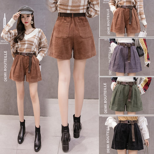 Women High Waist Corduroy Shorts With Belt Loose Wide Leg Shorts-Shorts-Arimonz-Arimonz