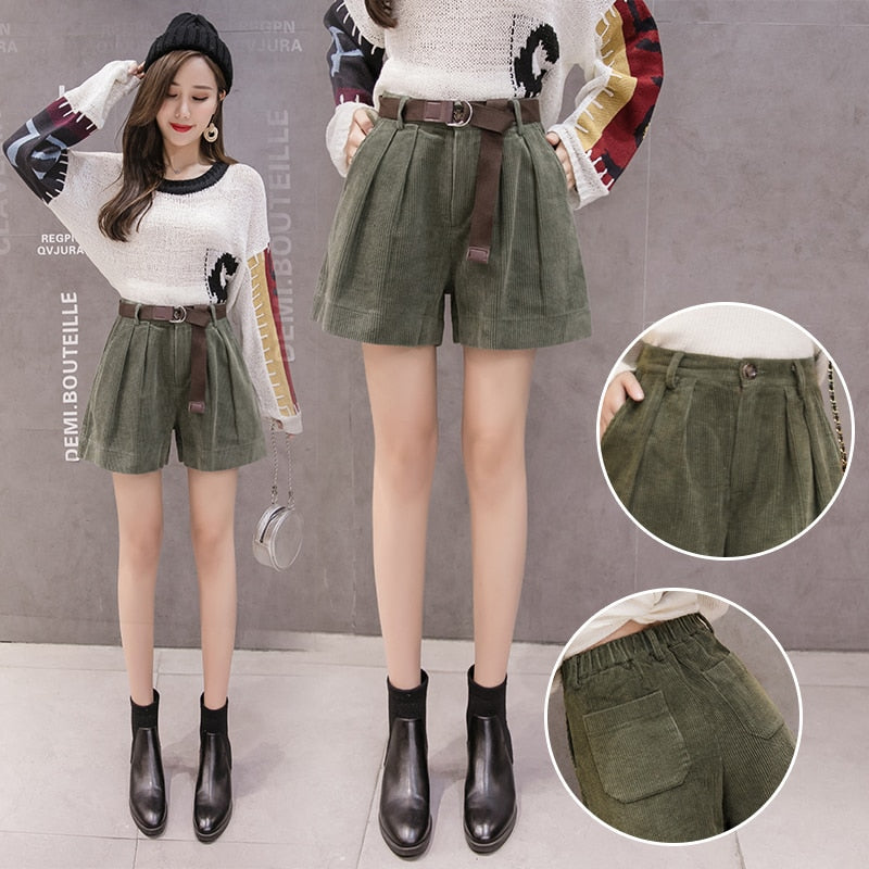 Women High Waist Corduroy Shorts With Belt Loose Wide Leg Shorts-Shorts-Arimonz-Arimonz