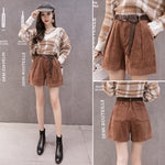 Women High Waist Corduroy Shorts With Belt Loose Wide Leg Shorts-Shorts-Arimonz-Arimonz