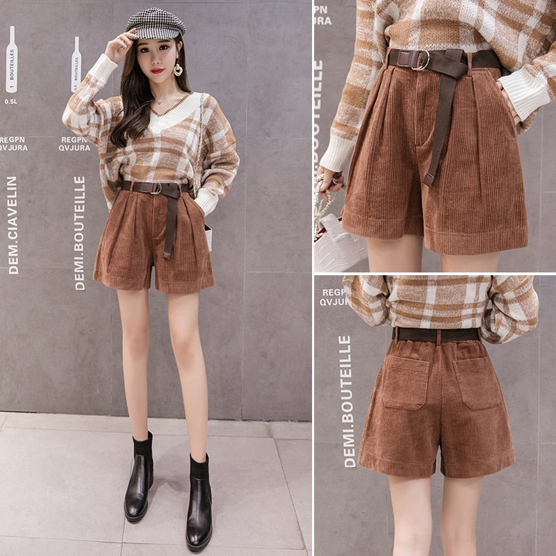 Women High Waist Corduroy Shorts With Belt Loose Wide Leg Shorts-Shorts-Arimonz-Arimonz