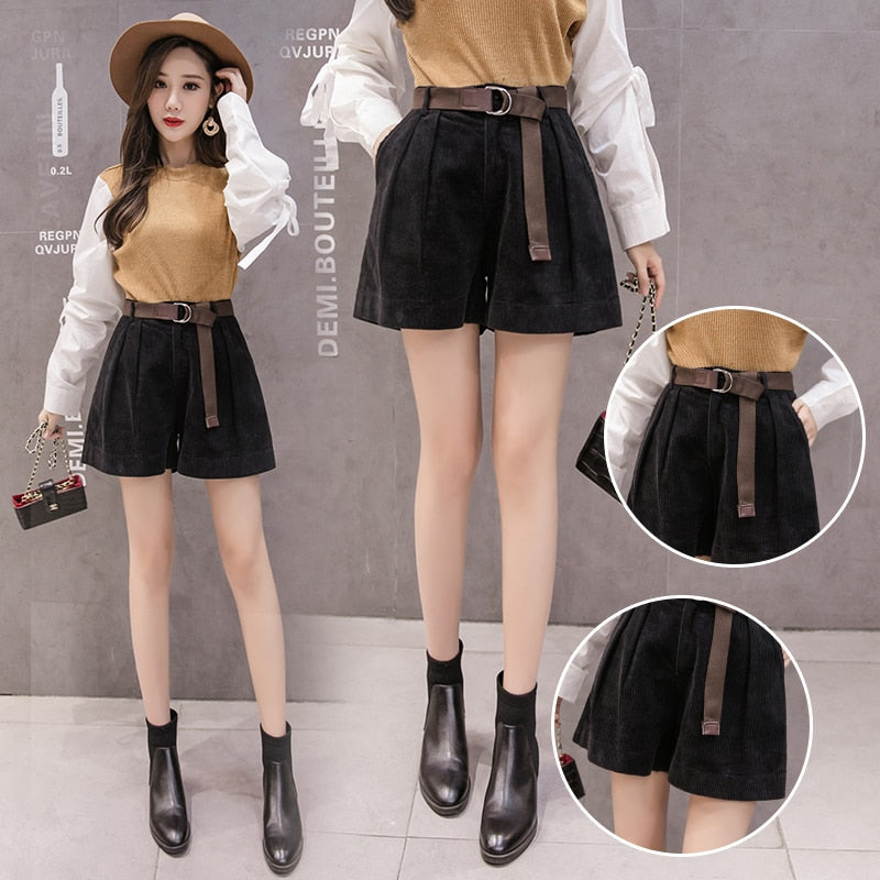 Women High Waist Corduroy Shorts With Belt Loose Wide Leg Shorts-Shorts-Arimonz-Arimonz
