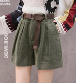Women High Waist Corduroy Shorts With Belt Loose Wide Leg Shorts-Shorts-Arimonz-Army Green-S-Arimonz