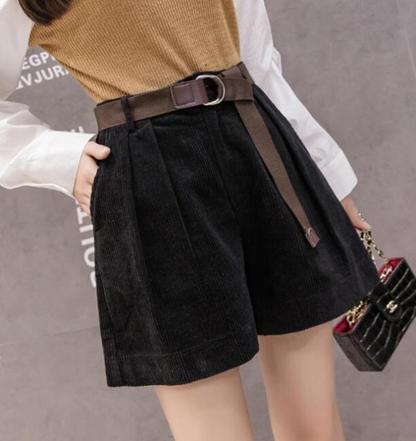 Women High Waist Corduroy Shorts With Belt Loose Wide Leg Shorts-Shorts-Arimonz-black-S-Arimonz