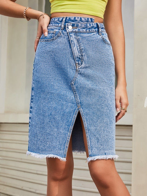 Women High Waist Denim Skirts Summer Mid-length Irregular Jeans Skirt-Denim Skirts-Arimonz-Blue1-Xs-Arimonz
