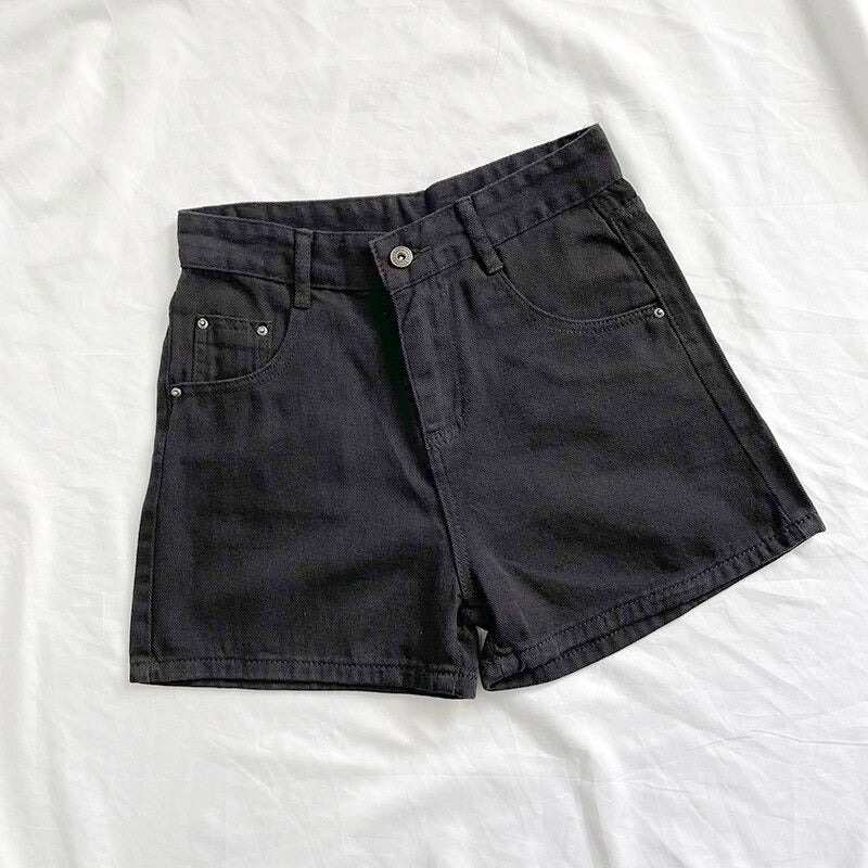 Women High Waisted Denim Jean Black White Solid Cotton Zipper Fly-Denim Shorts-Arimonz-Arimonz