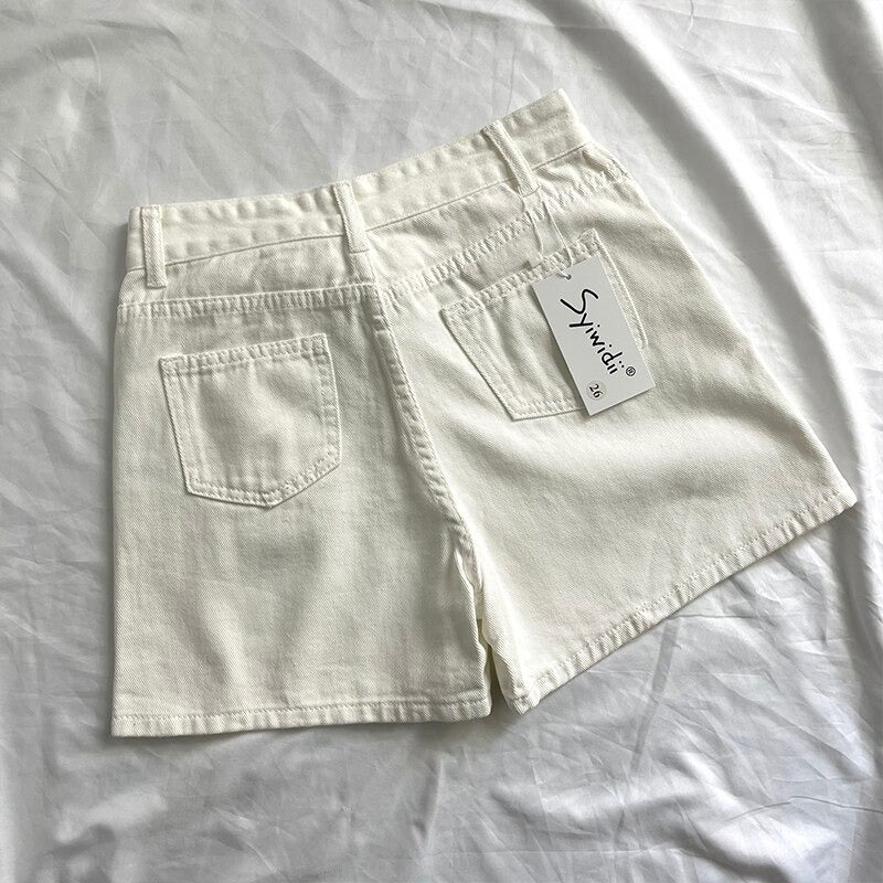 Women High Waisted Denim Jean Black White Solid Cotton Zipper Fly-Denim Shorts-Arimonz-Arimonz