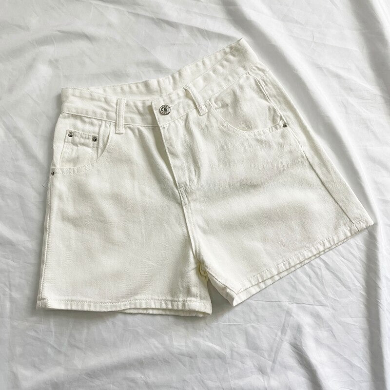 Women High Waisted Denim Jean Black White Solid Cotton Zipper Fly-Denim Shorts-Arimonz-Arimonz