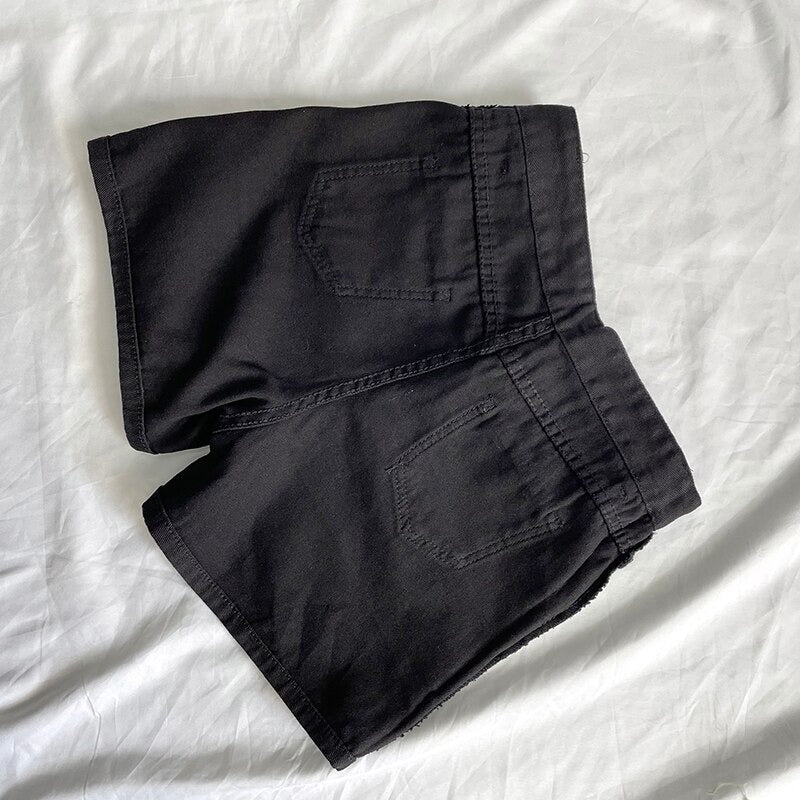 Women High Waisted Denim Jean Black White Solid Cotton Zipper Fly-Denim Shorts-Arimonz-Arimonz