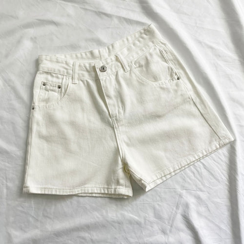 Women High Waisted Denim Jean Black White Solid Cotton Zipper Fly-Denim Shorts-Arimonz-white-26-Arimonz