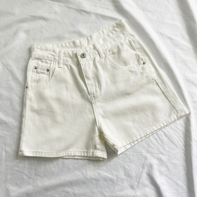 Women High Waisted Denim Jean Black White Solid Cotton Zipper Fly-Denim Shorts-Arimonz-white-26-Arimonz