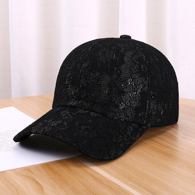 Women Hollow Lace Flower Baseball Cap Summer Breathable Mesh Sun Hat-Women's Caps-Arimonz-black-Arimonz