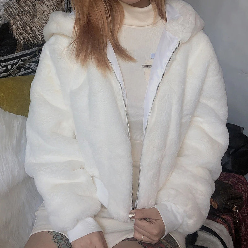 Women Hooded Faux Fur Coat Long Sleeve Thick Warm Winter Jacket-Fuzzy Jackets-Arimonz-Arimonz