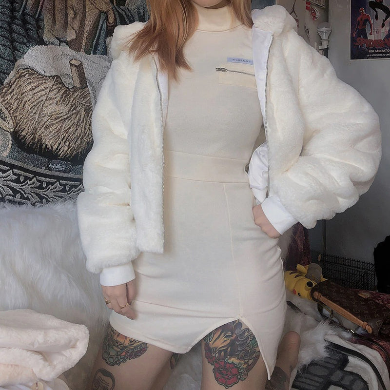 Women Hooded Faux Fur Coat Long Sleeve Thick Warm Winter Jacket-Fuzzy Jackets-Arimonz-Arimonz