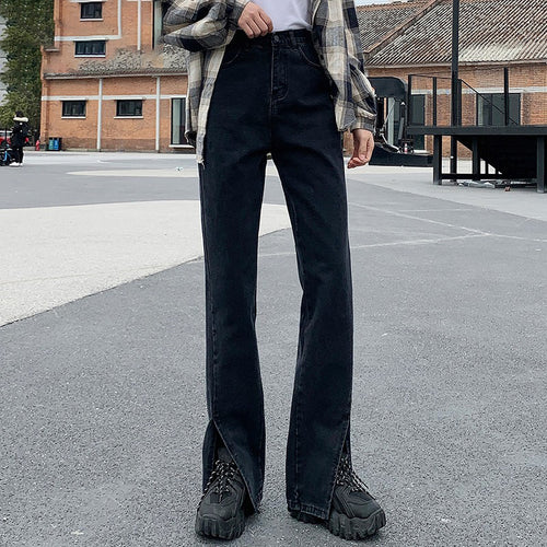 Women Jeans Black Flare Pants Front Side Slit Leg Bell Bottom Jeans-Straight Jeans-Arimonz-Arimonz