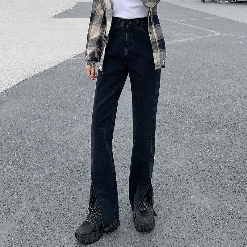 Women Jeans Black Flare Pants Front Side Slit Leg Bell Bottom Jeans-Straight Jeans-Arimonz-black-XS-Arimonz