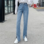Women Jeans Black Flare Pants Front Side Slit Leg Bell Bottom Jeans-Straight Jeans-Arimonz-Blue-XS-Arimonz