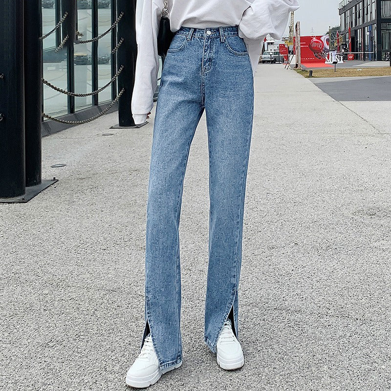 Women Jeans Black Flare Pants Front Side Slit Leg Bell Bottom Jeans-Straight Jeans-Arimonz-Blue-XS-Arimonz