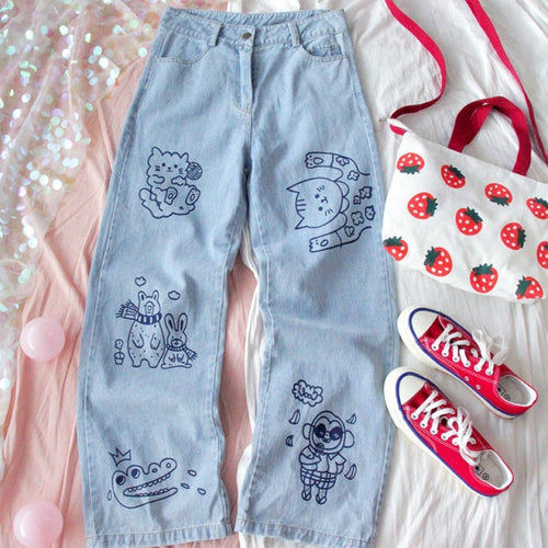 Women Jeans High Waist Trousers Baggy Vintage Straight Denim Pants-Straight Jeans-Arimonz-Sky Blue-S-Arimonz