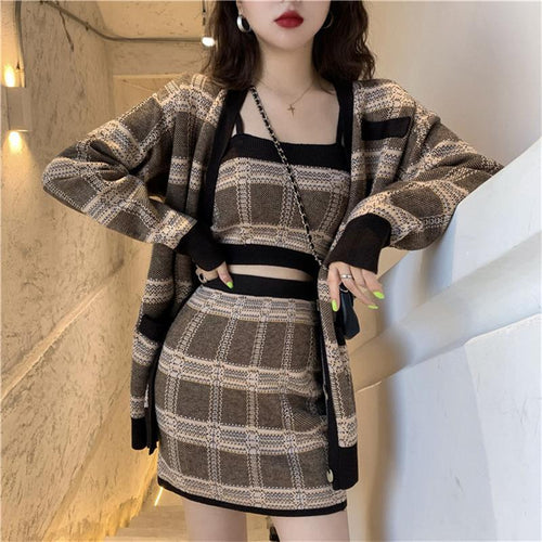 Women Knitted Skirt Set Cardigan Skirt Crop Top Sets Knitwear-Wear To Work Sets-Arimonz-Arimonz
