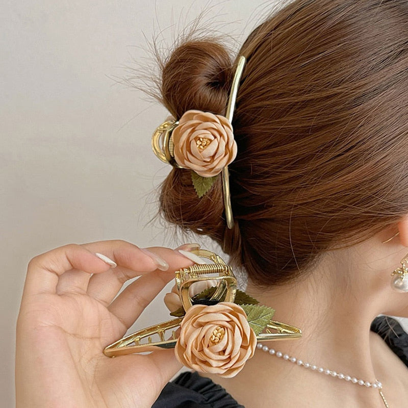 Women Metal Hair Claw Elegant Gold Flowers Hair Clips Barrette-Hair Accessories-Arimonz-Arimonz