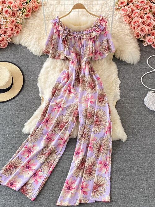 Women Romper Printed High Waist Short Sleeve Vacation Beach Jumpsuits-Casual Jumpsuits & Rompers-Arimonz-Arimonz