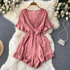 Women Rompers Flared Sleeve Solid Ruffle Wide Leg Short Jumpsuits-Casual Jumpsuits & Rompers-Arimonz-Arimonz