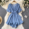 Women Rompers Flared Sleeve Solid Ruffle Wide Leg Short Jumpsuits-Casual Jumpsuits & Rompers-Arimonz-Arimonz