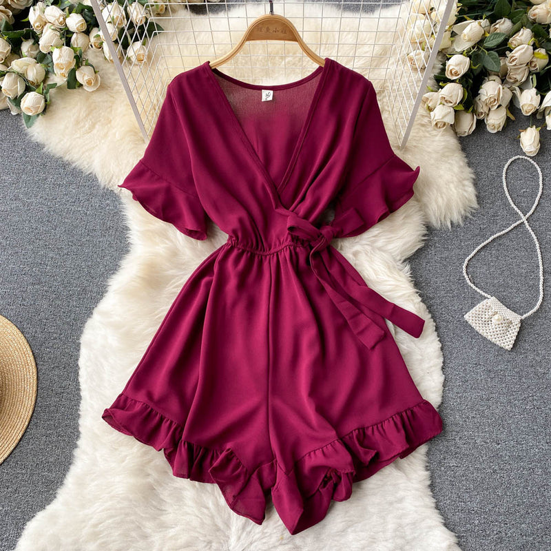 Women Rompers Flared Sleeve Solid Ruffle Wide Leg Short Jumpsuits-Casual Jumpsuits & Rompers-Arimonz-Arimonz