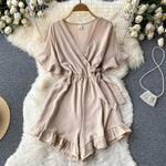 Women Rompers Flared Sleeve Solid Ruffle Wide Leg Short Jumpsuits-Casual Jumpsuits & Rompers-Arimonz-apricot-Arimonz