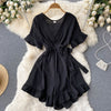 Women Rompers Flared Sleeve Solid Ruffle Wide Leg Short Jumpsuits-Casual Jumpsuits & Rompers-Arimonz-black-Arimonz