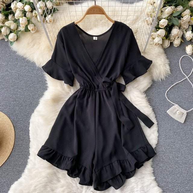 Women Rompers Flared Sleeve Solid Ruffle Wide Leg Short Jumpsuits-Casual Jumpsuits & Rompers-Arimonz-black-Arimonz