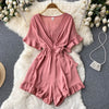 Women Rompers Flared Sleeve Solid Ruffle Wide Leg Short Jumpsuits-Casual Jumpsuits & Rompers-Arimonz-pink-Arimonz